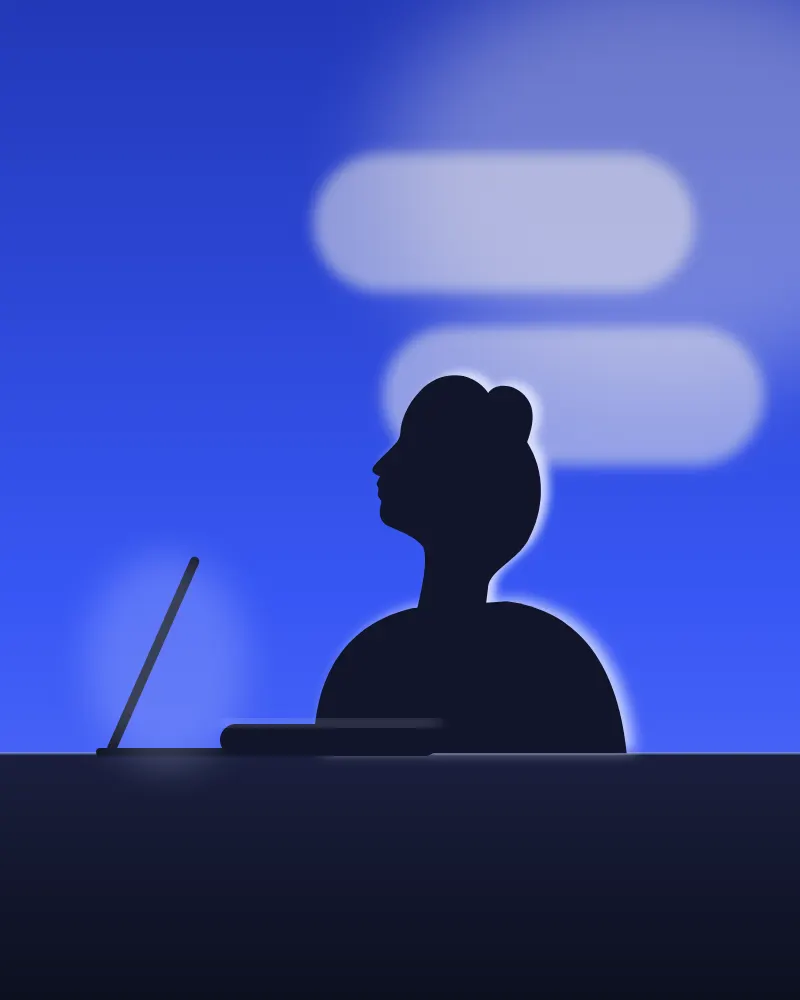 A person at a desk in cool daylight, with soft light falling in two bars on the wall. Concept illustration for the cooling roll-on, not the final product.