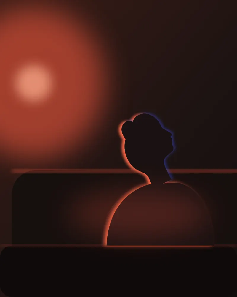 A person on a sofa at dusk, head tilted back, lit by a warm lamp. Concept illustration for the heat wrap, not the final product.